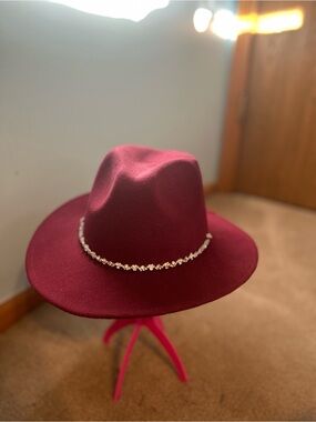 Burgundy Fedora with Crystal Chain